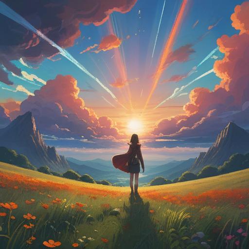 A surreal sky filled with rare and vibrant clouds, ethereal lighting, beams of sunlight breaking through, a sense of tranquility, symbols of hope and positivity in the clouds, a peaceful landscape below, nature's beauty harmonizing with the spiritual significance, 4k