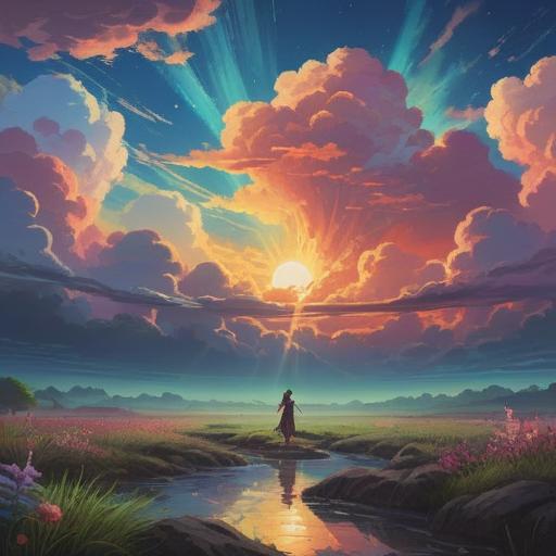 A breathtaking sky filled with rare clouds, vibrant colors, spiritual symbolism, ethereal light beams shining through, a sense of tranquility, meditative atmosphere, nature's wonders, an individual gazing upward in awe, landscape with rolling hills, a hint of mysticism, 4k