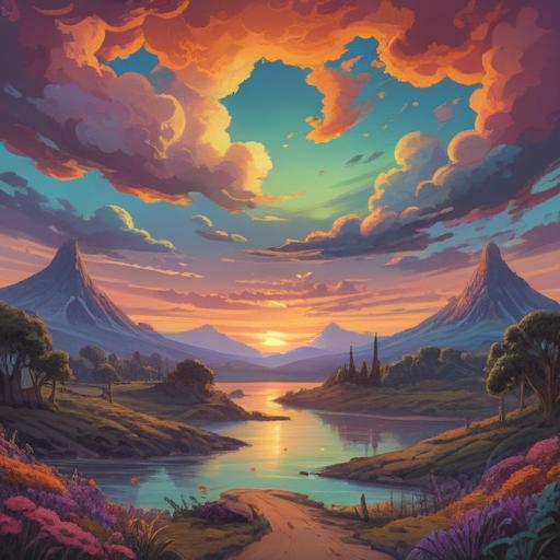 A surreal landscape featuring unusual clouds in vibrant colors, afterglow of a sunset, whimsical shapes in the sky, lucky symbols scattered throughout the scene, joyful atmosphere, nature and magic intertwining, bright and imaginative elements, 4k