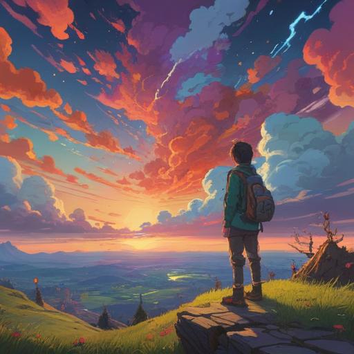 A surreal landscape featuring unusual clouds with intricate shapes and patterns, soft light filtering through, a contemplative figure gazing upwards, vibrant colors contrasting with the calming sky, a sense of wonder and introspection, dreamlike atmosphere, 4k