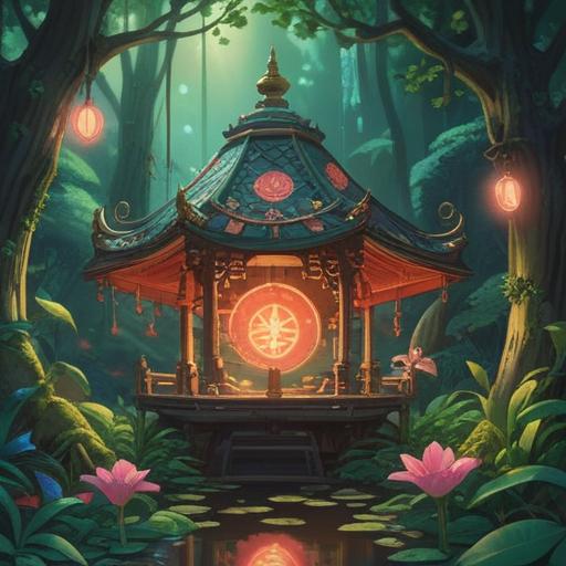A whimsical illustration of a lucky symbol, featuring a rare and enchanting object that brings good fortune, surrounded by vibrant greenery and sparkling lights, conveying a sense of positivity and transformation, abstract charm, inviting atmosphere, detailed foreground with mystical elements, 4k