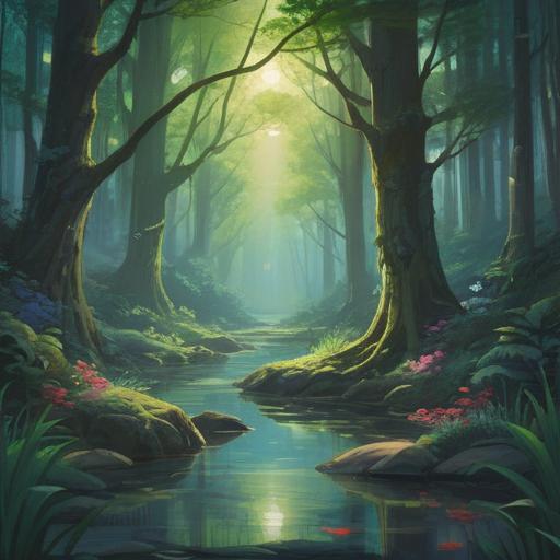 A serene and mystical forest scene, ethereal light filtering through the trees, a gentle stream reflecting the sky, symbols of intuition emerging from the ground, vibrant colors representing spiritual energy, a figure meditating in the forest, nature's wisdom surrounding them, harmonious connection between mind and nature, 4k