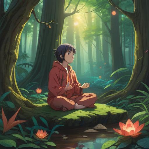 An introspective scene depicting a person meditating in a serene forest, surrounded by gentle light, symbols of intuition such as feathers and ancient runes scattered around, vibrant colors representing energy and awareness, deep connection with nature, a calm aura, peaceful atmosphere, 4k