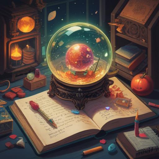 A vibrant still life composition of lucky items symbolizing intuition enhancement, featuring a sparkling crystal ball, an open notebook with doodles, a mystical tarot card deck, fresh herbs like rosemary and sage, a glowing candle, all arranged on a wooden table, warm and inviting lighting, detailed textures, harmonious color palette, 4k