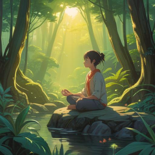 A serene and peaceful scene depicting a person meditating in a tranquil environment, surrounded by nature, soft sunlight filtering through the trees, symbols of clarity and organization around them, such as neatly arranged stones or floating thoughts represented as gentle wisps of light, emphasizing inner peace and intuitive growth, harmonious colors, balanced composition, 4k