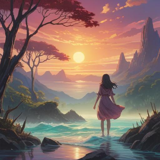 A mystical and ethereal scene depicting the moment intuition strikes, surrounded by shimmering light, soft energy waves, a tranquil landscape with flowing water, symbols of spirituality like feathers and crystals, a figure in meditation receiving insights, harmonious colors, dreamlike atmosphere, 4k