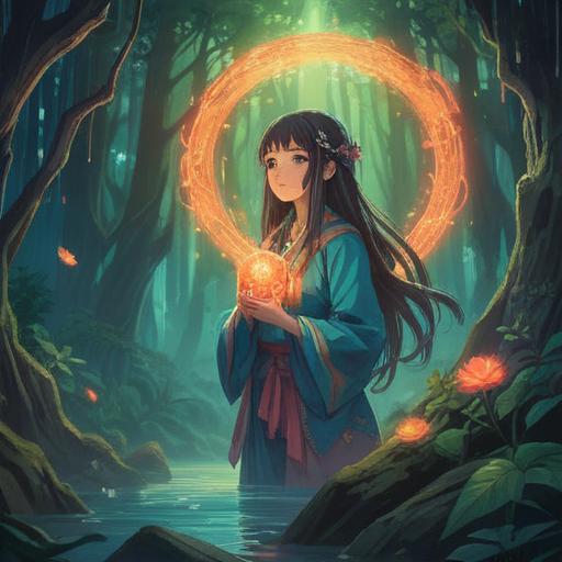 A serene and mystical illustration, featuring a glowing aura around a meditative figure, surrounded by ethereal symbols and soft light, nature elements like flowing water and gentle flora, depicting intuition as a guiding force, harmonious color palette, calm atmosphere, spiritual connection, 4k