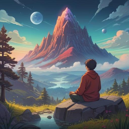 A serene mountain landscape, a figure meditating in contemplation, subtle glowing orbs representing intuition, misty atmosphere, signs of nature communicating, gentle light filtering through trees, symbols of caution, ethereal elements, 4k