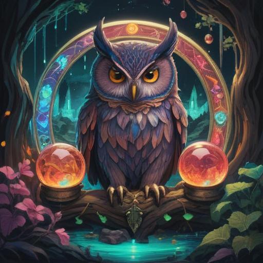 A vibrant illustration of a mystical lucky charm, featuring a glowing crystal orb surrounded by ethereal light, symbols of intuition such as owls and stars, elements of nature like lush greenery and flowing water, serene and uplifting atmosphere, intricate details on the charm, artistic representation of heightened intuition, 4k