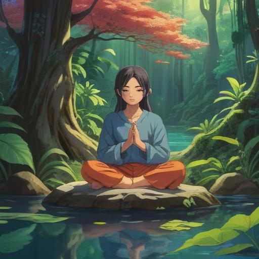 An inspirational scene of a person meditating in a serene natural environment, surrounded by lush greenery and gentle flowing water, practicing mindfulness techniques, focusing on the varied sensations of nature, deep in thought, with a peaceful facial expression, emphasizing the importance of intuitive development, harmonious and tranquil atmosphere, bright sunlight filtering through the trees, 4k