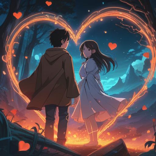 A mystical and romantic scene, soft glowing lights, ethereal background with swirling patterns, two figures connecting with energy, heart-shaped aura surrounding them, symbolic elements like hearts and stars, enchanting atmosphere, spiritual connection, expressive emotions, 4k