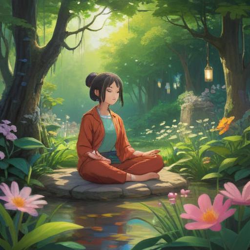 A serene scene of a person meditating in a tranquil garden, surrounded by blooming flowers, soft sunlight filtering through the trees, a gentle breeze creating ripples in a nearby pond, emotions of self-love and inner peace, colorful butterflies fluttering around, sense of calm and positivity, reflecting the importance of nurturing one's heart to attract love, vibrant colors, harmonious atmosphere