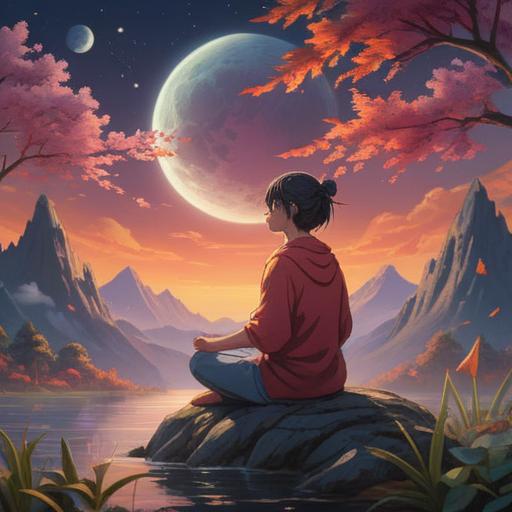A serene landscape depicting a person meditating under a glowing full moon, ethereal light surrounding them, symbols of intuition like feathers and crystals scattered around, soft mist rising from the ground, connecting nature and spirit, peaceful and introspective atmosphere, 4k