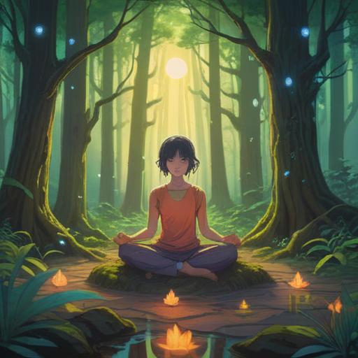 A serene illustration of a person meditating in a tranquil forest, gentle light filtering through the trees, glowing symbols representing intuition and spiritual guidance, ethereal creatures in the background, a pathway illuminated by soft orbs of light, harmonious colors, calming atmosphere, 4k