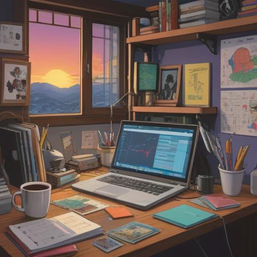 A clean and organized desk, various colorful papers neatly stacked, a laptop displaying charts and graphs, a cup of coffee, a soothing indoor plant, bright natural light flooding in through a window, creating a productive atmosphere, 4k