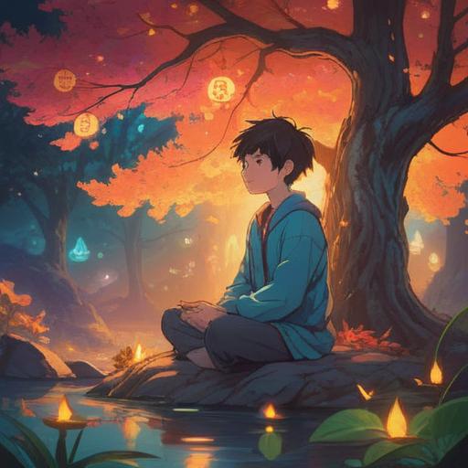 A serene and mystical scene, a person meditating under a vibrant, glowing tree, ethereal symbols floating around, soft light illuminating the surroundings, a tranquil lake reflecting the vibrant colors, clear skies with fluffy clouds, sense of calm and connection to the universe, spiritual journey, 4k