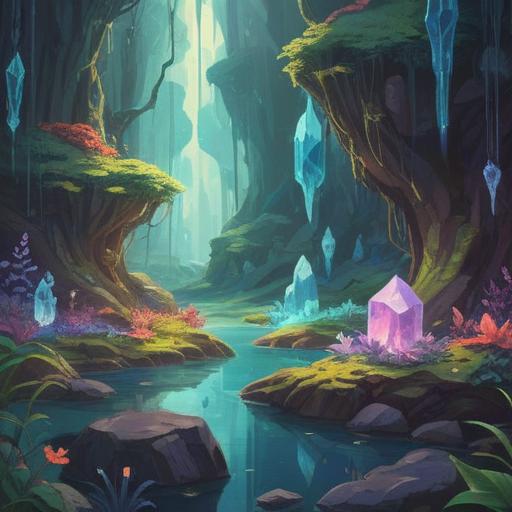 A serene and mystical illustration of various crystals, vibrant colors, each crystal reflecting light in unique ways, ethereal atmosphere, a gentle aura surrounding the crystals, symbolizing enhanced intuition and clarity, magical forest setting with soft rays of sunlight filtering through the trees, tranquil environment, harmonious composition, 4k