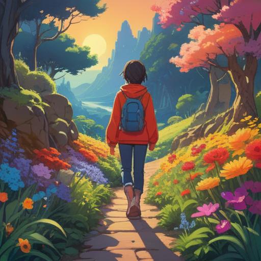 A bright and uplifting scene depicting a person standing on a path surrounded by colorful flowers and gentle sunlight, symbolizing positive energy and hope, ethereal aura surrounding the character, vibrant colors, a sense of serenity and optimism, encouraging signs in nature, 4k