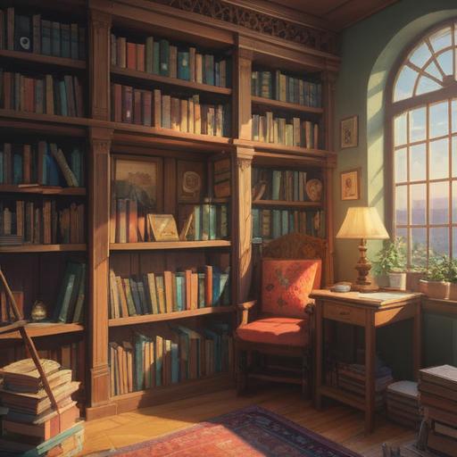 A serene landscape of a peaceful library, books neatly arranged on shelves, a cozy reading nook by a window, sunlight streaming through, soft shadows dancing on the floor, a cup of tea on a wooden table, inviting atmosphere, tranquil and warm vibes, 4k