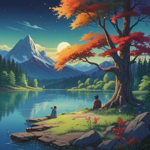 A practical guide to enhance intuition, serene environment, individuals engaged in meditation, nature setting with trees and a calm lake, insightful expressions, hands-on activities to stimulate the mind, harmonious composition, vibrant colors, inviting atmosphere, 4k