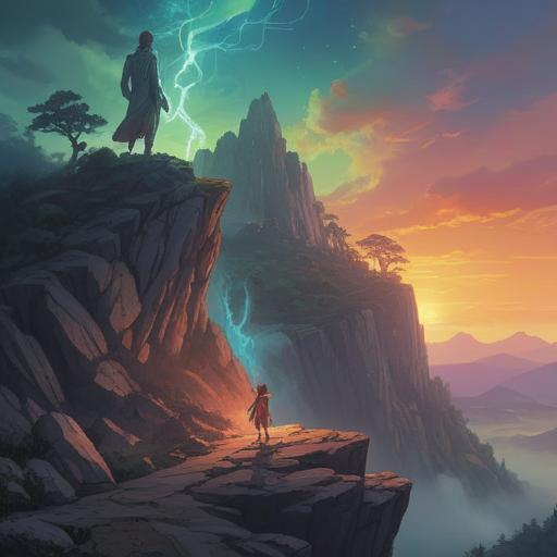 A mystical scene representing the spiritual significance of goosebumps, ethereal light illuminating a figure standing on a cliff, surrounded by swirling mist, energy flows around them, nature’s beauty captured in a vibrant sunset, celestial patterns in the sky, a feeling of awe and connection to the universe, tranquil yet powerful atmosphere, high-resolution details