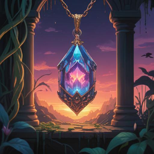 A serene and mystical scene, representing the allure of items that deepen spiritual experiences, an elegant crystal pendant emitting a soft glow, surrounded by vibrant swirling energy patterns, lush greenery enhancing the tranquil atmosphere, an ethereal light illuminating the space, symbolic elements like feathers and sacred geometry in the background, peaceful and meditative tone, harmony with nature, 4k