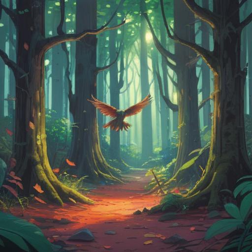 A serene woodland scene, a fallen bird amongst vibrant foliage, ethereal light filtering through the trees, subtle symbolism of transformation and loss, gentle reminder of spiritual messages, captivating details in nature, tranquil atmosphere, thought-provoking imagery
