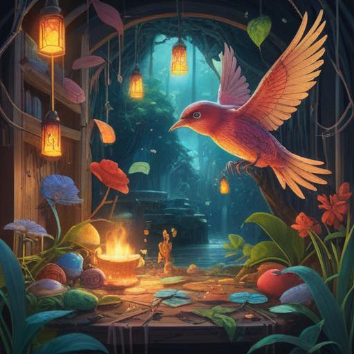 A surreal scene depicting a vibrant and colorful lucky charm collection, in the foreground a small, delicate bird lying peacefully, surrounded by glowing talismans and good luck items, intricate patterns, soft light illuminating the scene, magical atmosphere, whimsical details, enchanting colors, 4k