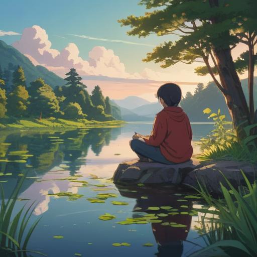 A serene and contemplative scene depicting a person sitting by a tranquil lake, surrounded by nature, practicing mindfulness and meditation after witnessing the death of a bird, soft sunlight filtering through the trees, gentle ripples on the water, symbolizing healing and reflection, peaceful expression on the person's face, surrounded by colorful wildflowers, 4k
