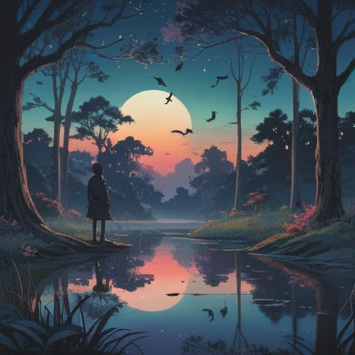 A serene night scene, the soft glow of moonlight illuminating a tranquil landscape, silhouettes of trees gently swaying, ethereal birds perched on branches, their melodious calls echoing through the stillness, mystical atmosphere, harmony with nature, spiritual symbolism, calm and introspective mood, 4k