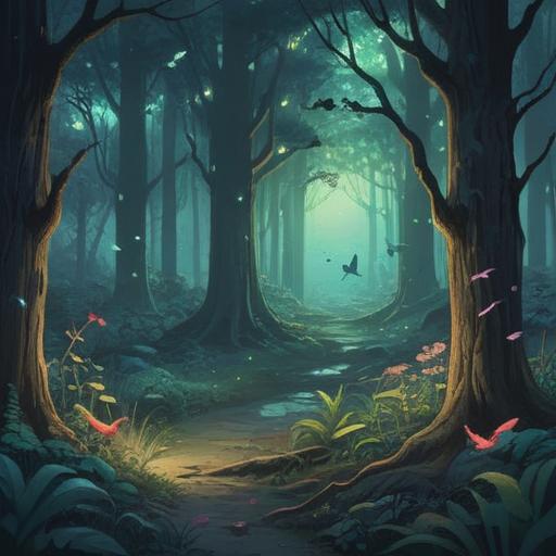 A serene night scene with birds singing, soft moonlight illuminating a tranquil forest, silhouettes of trees, ethereal glow, spiritual symbols subtly appearing in the background, peaceful atmosphere, harmonious nature, calming sounds of night, 4k