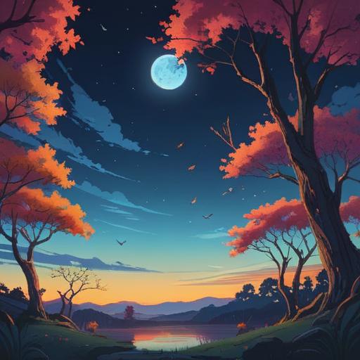 A serene nighttime scene, moonlit sky, silhouettes of trees, gentle birds perched on branches, mystical atmosphere, soft rustling leaves, glowing orbs representing spiritual signs, subtle hints of ethereal presence, tranquil environment, captivating whispers in the air, 4k