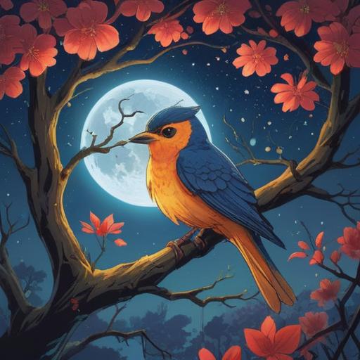 A magical night scene featuring a serene atmosphere, glowing lucky charm shaped like a bird, perched on a tree branch, moonlight filtering through leaves, delicate feathers shimmering, soft sounds of birdsong in the background, intricate details on the charm, tranquil setting, 4k
