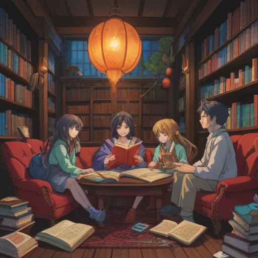 A harmonious gathering of diverse people sitting together, engaged in lively conversation, surrounded by books and papers, sharing ideas and insights, warm lighting, a cozy atmosphere, showcasing unity and collaboration, 4k