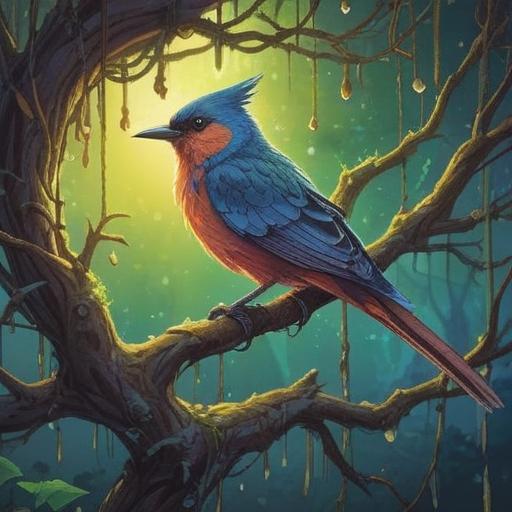 A deep and meaningful illustration showing a bird perched on a tree branch, its droppings shimmering with ethereal light, spiritual symbols woven into the droppings, a serene natural background, soft sunlight filtering through the leaves, a sense of tranquility and enlightenment, 4k