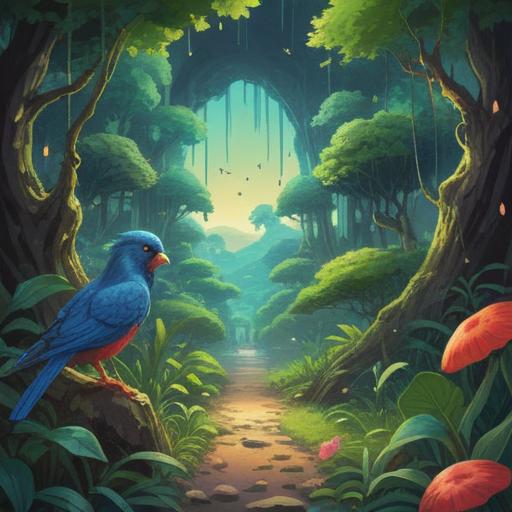 A vibrant illustration depicting a serene landscape after a bird's droppings fall onto the ground, symbolizing spiritual blessings, lush greenery, blue skies, gentle sunlight filtering through the branches, mystical aura, ethereal light surrounding the area, positive energy, nature's beauty, 4k