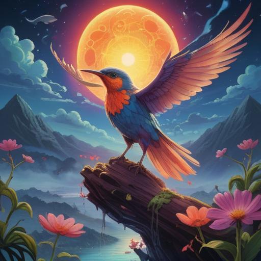 A detailed illustration of a bird dropping with a glowing aura, vibrant colors, surrounded by spiritual symbols, a serene landscape in the background, highlighting the importance of paying attention to spiritual signs, mystical atmosphere, nature elements, enlightening vibes, 4k