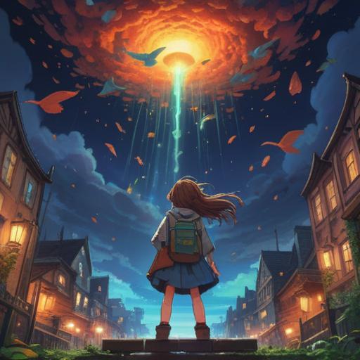 A whimsical scene depicting the arrival of bird droppings symbolizing good luck, a surprised person looking up at the sky, beams of sunlight breaking through clouds, vibrant colors representing joy and fortune, a charming urban background with trees and flowers, feelings of optimism and positivity, 4k