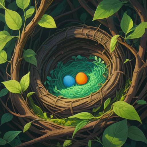 A serene and mystical scene featuring a bird's nest, symbolizing renewal and spiritual connection, nestled among vibrant green leaves, gentle light filtering through branches, soft feathers surrounding the nest, subtle glimmers of energy emanating from it, harmonious and tranquil atmosphere, representing growth and peace, intricate details in the nest's construction, 4k