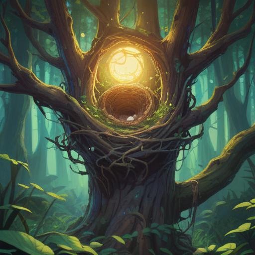 A serene forest setting, a bird's nest nestled in a tree branch, symbols of spiritual guidance surrounding the nest, bright rays of sunlight filtering through the leaves, vibrant greenery, soft feathers in the nest, peaceful atmosphere, signs of good fortune and harmony, nature's tranquility, 4k