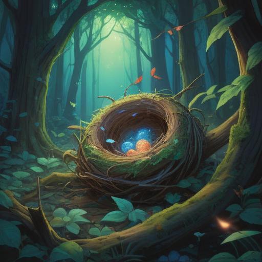 A mystical forest scene, a bird's nest nestled in a tree branch, glowing ethereal light surrounding it, delicate feathers and sparkling leaves, symbols of transformation in the background, serene atmosphere, vibrant colors depicting a spiritual awakening, 4k