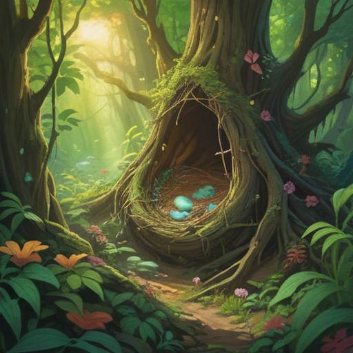A whimsical scene depicting a person discovering a bird's nest in a lush green forest, sunlight filtering through the trees, vibrant flowers surrounding the nest, a sense of wonder and joy, the character reaching out towards the nest, symbolic of good fortune and serendipity, cheerful colors, inviting atmosphere, 4k