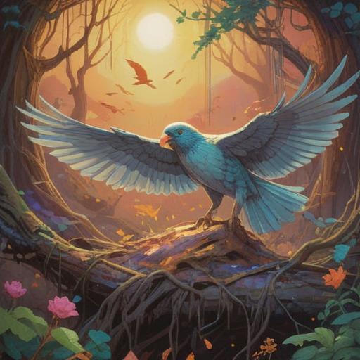 A mystical scene depicting a bird's carcass, surrounded by ethereal light, symbolizing transformation and rebirth, soft ethereal colors, elements of nature intertwined with the remnants, an otherworldly aura, intricate details highlighting the decay and beauty, serene atmosphere, spiritual reflections, 4k