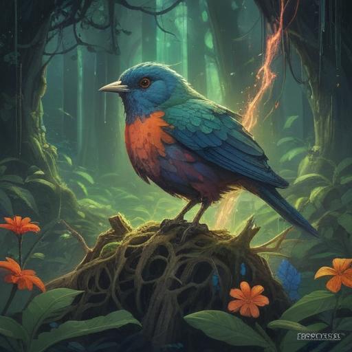 A mystical scene depicting a bird carcass surrounded by glowing ethereal light, symbolizing a spiritual transformation, colorful flora and fauna in the background, serene atmosphere, vibrant energy emanating from the carcass, a guardian spirit nearby, rich details, soft focus, dreamlike quality, 4k