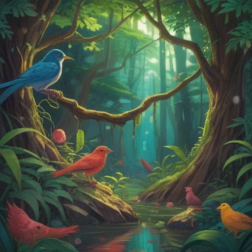 A serene scene depicting a person discovering a bird carcass in nature, reflecting feelings of reflection and transformation, surrounded by lush green foliage, vibrant flowers blooming around, symbolizing renewal and luck, soft sunlight filtering through the trees, gentle breeze creating movement, peaceful and contemplative atmosphere, 4k