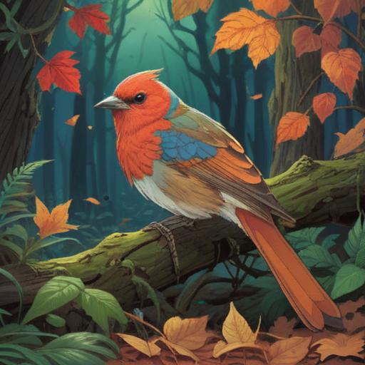 A serene and contemplative scene depicting a bird in a tranquil forest setting, the bird's lifeless form resting peacefully among fallen leaves, ethereal light filtering through the trees, symbolic elements representing transformation and rebirth, soft colors enhancing the spiritual atmosphere, an inviting sense of reflection and connection with nature, 4k