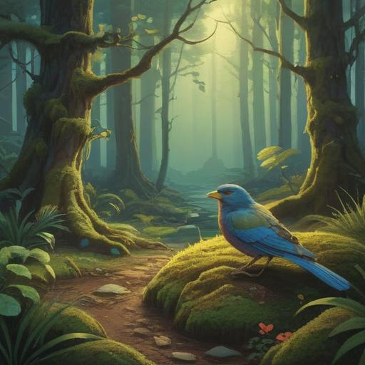 A serene and mystical landscape, a quiet forest clearing bathed in soft light, a dead bird resting on a bed of moss, ethereal glow surrounding the bird, representation of transformation and spiritual rebirth, gentle breeze rustling the leaves, harmonious connection between life and death, symbolic elements like flowers and crystals, harmonious and peaceful atmosphere, 4k