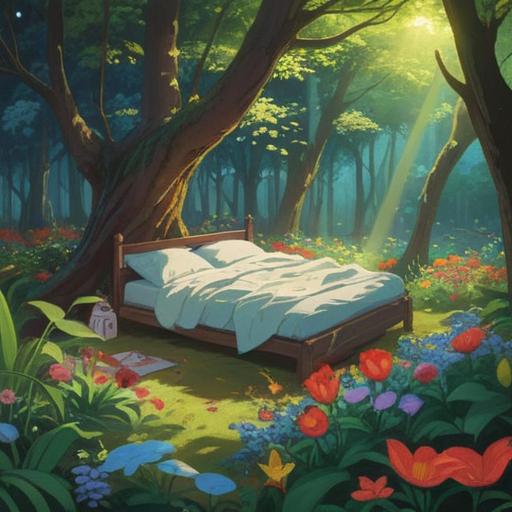 A serene yet thought-provoking scene depicting a bird lying peacefully on a bed of flowers, soft rays of sunlight filtering through the trees, ethereal mist surrounding the area, symbolizing spiritual messages and transitions, subtle hints of nature's cycle of life and death, tranquil ambiance, 4k
