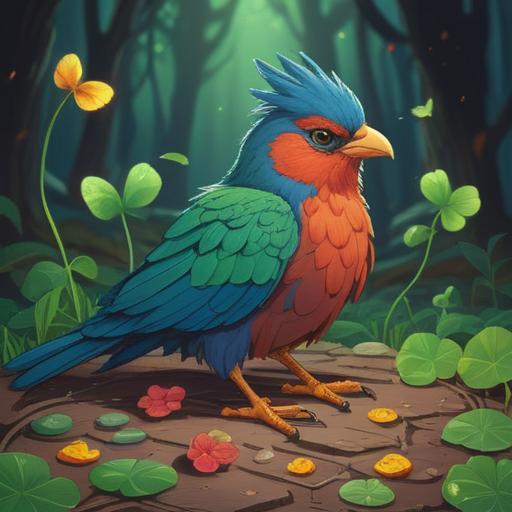 A mystical and surreal depiction of a broken bird lying on the ground, surrounded by vibrant lucky items like a four-leaf clover, a horseshoe, and a wishbone, contrasting emotions of sadness and hope, intricate details on the items, softly glowing ambient light, nature elements like flowers and grass in the background, dreamlike atmosphere, 4k