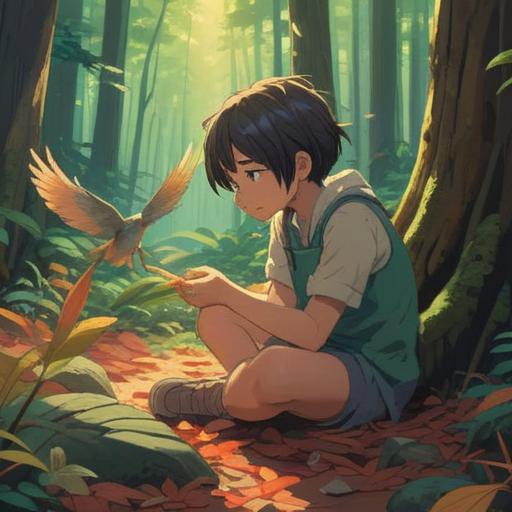 A serene scene of a person gently picking up a bird feather from the ground, surrounded by a tranquil forest, sunlight filtering through the trees, soft focus on the feather, symbolizing spiritual awakening and connection, peaceful expression on the person's face, 4k